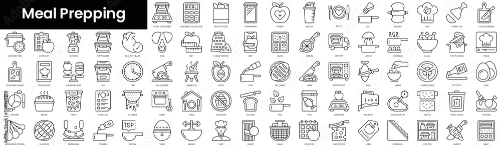 Poster set of outline meal prepping icons. minimalist thin linear web icon set. vector illustration.