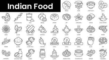 Set of outline indian food icons. Minimalist thin linear web icon set. vector illustration. - obrazy, fototapety, plakaty