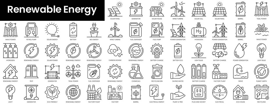 Set of outline renewable energy icons. Minimalist thin linear web icon set. vector illustration.