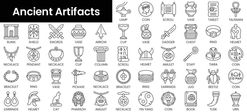 Set of outline ancient artifacts icons. Minimalist thin linear web icon set. vector illustration.