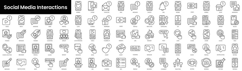 Set of outline social media interactions icons. Minimalist thin linear web icon set. vector illustration.