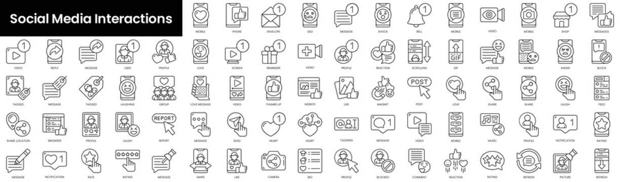 Set of outline social media interactions icons. Minimalist thin linear web icon set. vector illustration.