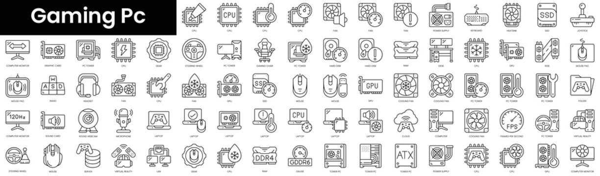 Set of outline gaming pc icons. Minimalist thin linear web icon set. vector illustration.