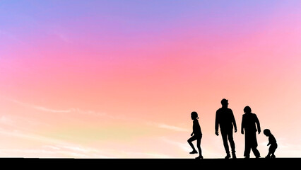 親子4人の人物シルエット_パステル色の空背景