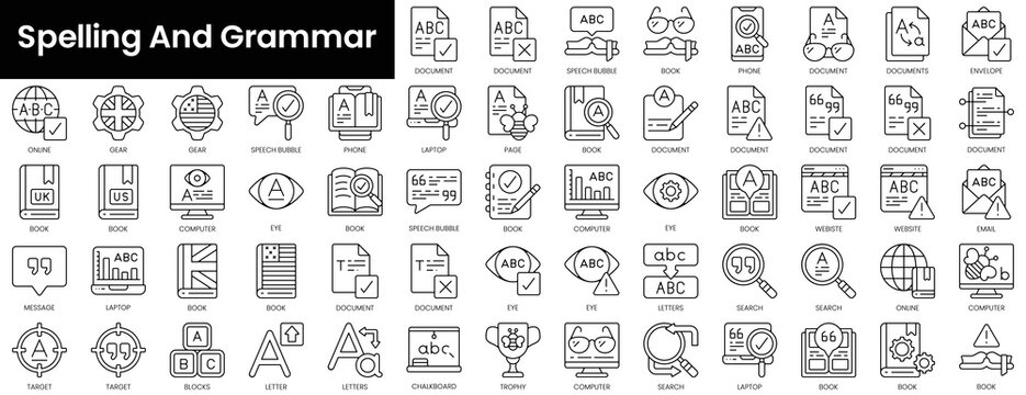 Set of outline spelling and grammar icons. Minimalist thin linear web icon set. vector illustration.