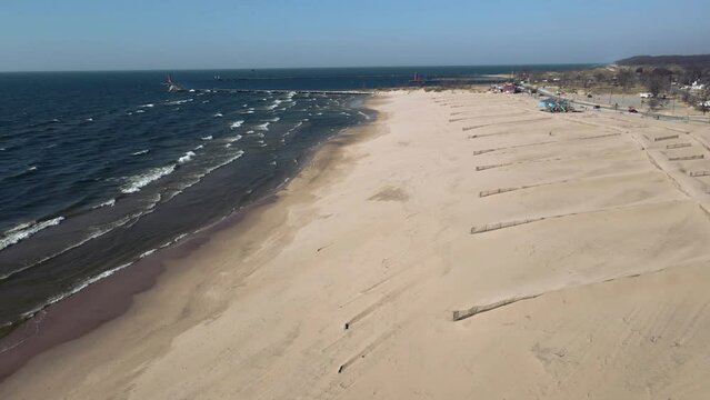 Pere Marquette beach in Autumn with winterized sand fences up.
