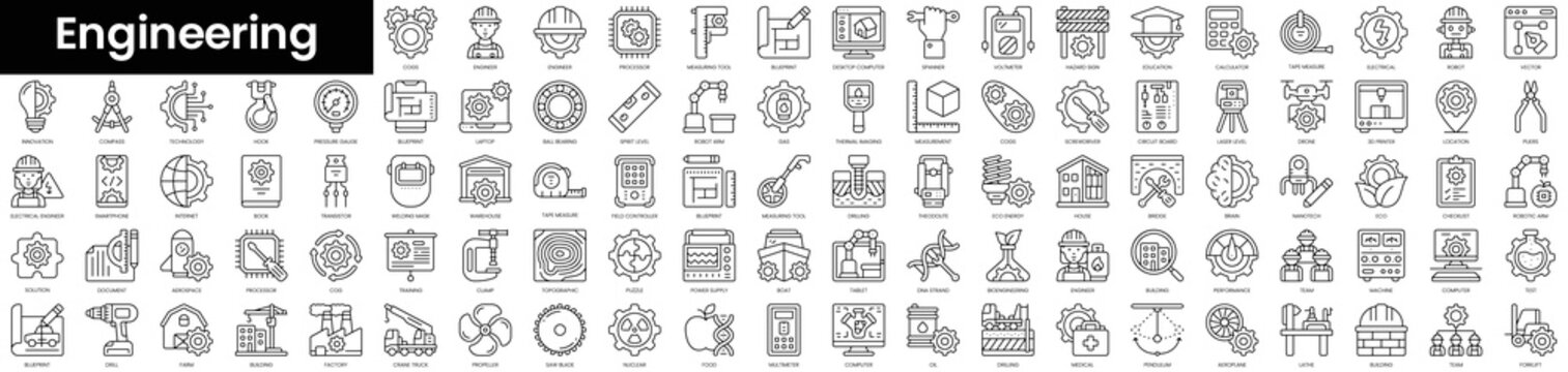 Set of outline engineering icons. Minimalist thin linear web icon set. vector illustration.