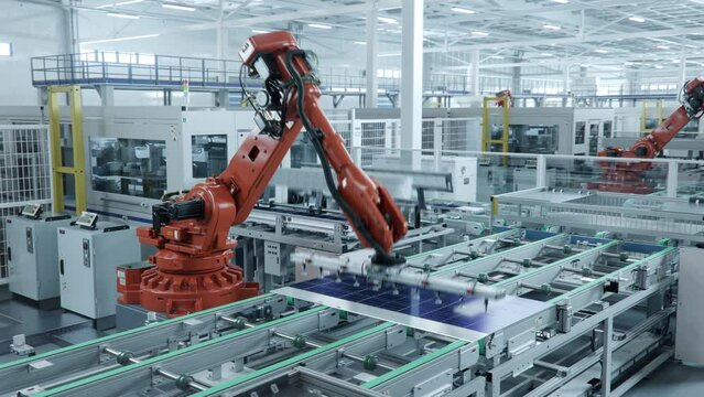 Time-lapse video of Automated Solar Panel Production Line. Orange Industrial Robot Arm Assembles Solar Panel, Placing PV Cells. Modern, Bright Manufacturing Facility.