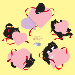 Cartoon fluffy black cat with hearts and ribbons. Cat above illustration for banner or logo. Great for gift cards and memos, or for Valentine's Day, Christmas, to show love or friendship.