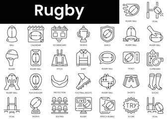 Set of outline rugby icons. Minimalist thin linear web icon set. vector illustration.