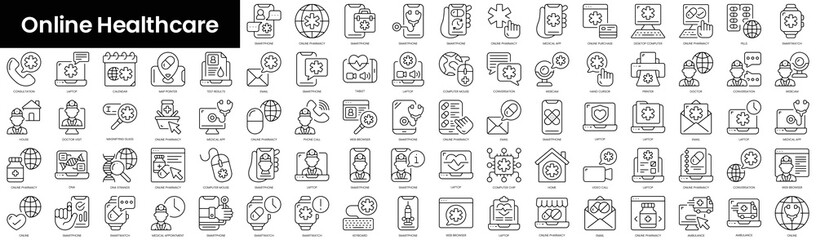 Set of outline online healthcare icons. Minimalist thin linear web icon set. vector illustration.