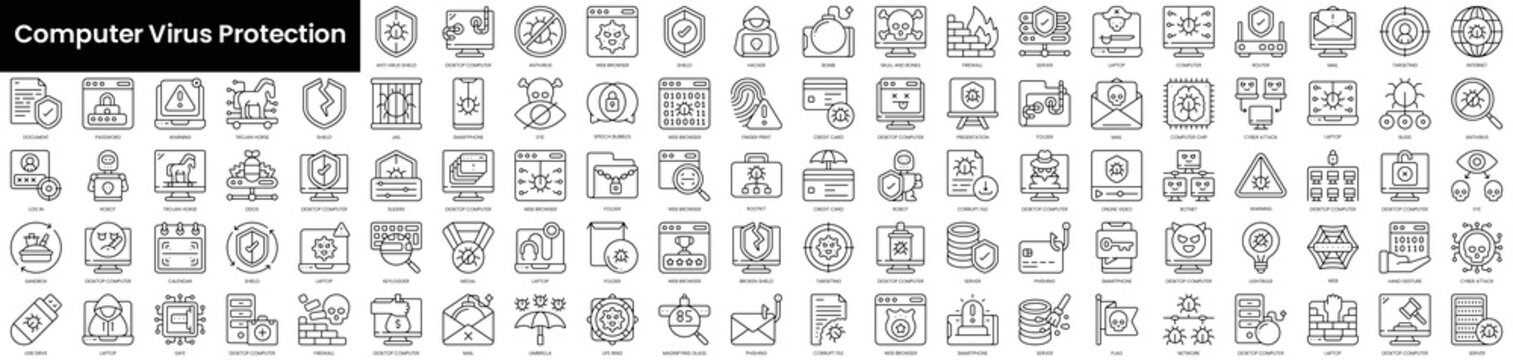 Set of outline computer virus protection icons. Minimalist thin linear web icon set. vector illustration.