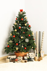 Concept of Happy New Year, Christmas tree with gifts