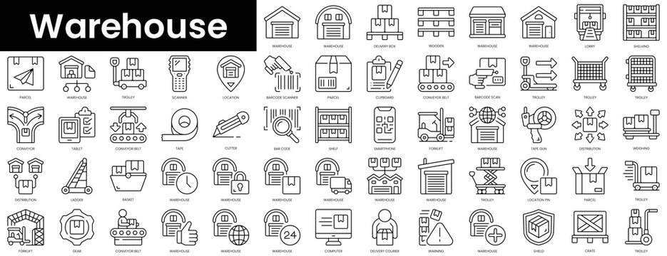 Set of outline warehouse icons. Minimalist thin linear web icon set. vector illustration.