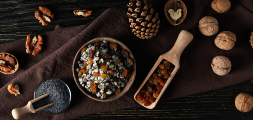 Concept of Orthodox Christmas food, Kutya, top view