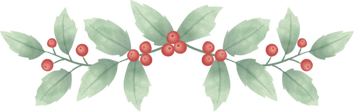 Christmas wreath, flower wreath of christmas flower, holly berries with leaves clipart. Isolated element graphic. Watercolor style illustration.