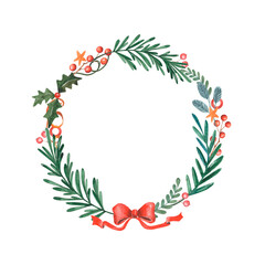 Watercolor elegant christmas wreath with branches, berries and red bow isolated on white. Circle frame for greeting cards, invitation etc.