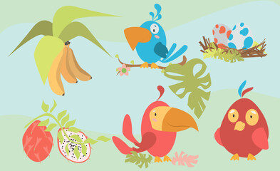 Obraz premium Spring style pictures with elements of the island with birds and bananas