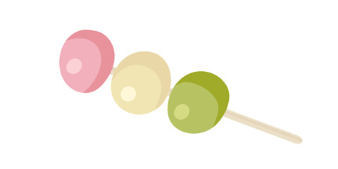 Japanese Spring Dango. Three-color dumplings dangos. Traditional Japanese dessert. Sanshoku Dango. Flat Vector illustration with Healthy sweet snack. Ball of rice. Banner, poster, restaurant menu
