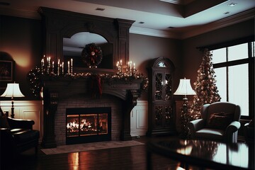 Fototapeta na wymiar Fireplace in a living room in modern style with Christmas decorations. modern. luxury.