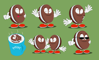 Cartoon character cookies in different poses and in milk