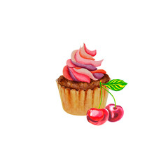 Cherry pie. Watercolor illustration. Cupcake with cherries. Sweets. valentine's day.