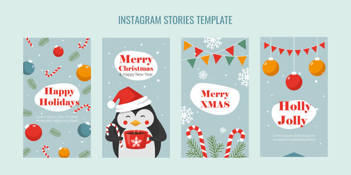 set of christmas templates for instagram stories penguin with a cup of hot cocoa christmas decorations