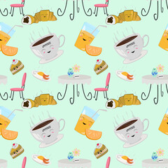 pattern with sweet elements on the coffee and juice table
