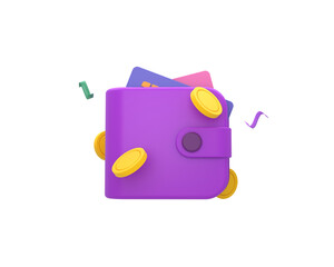 3d Render wallet icon with credit card and coin for online payment or money saving illustration