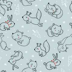 Christmas seamless pattern with forest animals.