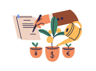 Business and finance, financial literacy concept. Signing investment, deposit bank agreement for capital growth. Economics and investing study. Flat vector illustration isolated on white background