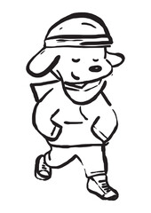 cool dog urban street fashion , with outline brush doodle with white background