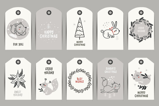 Collection of Christmas tags with forest animals, wreaths and trees.