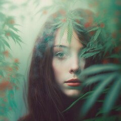 Fototapeta premium Illustration of Woman Peeking Around Marijuana Leaves in a Smoky Haze | Created using Midjourney and Photoshop | No Real Human Model