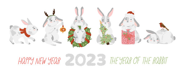 Christmas rabbit, bunny, hare collection with advent wreath, gift box, present, santa hat, christmas tree, red scarf, christmas decorations deer antler, bubble, robin bird. Happy new year 2023 banner