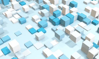 Structure of rectangles of different sizes. Abstract geometric isometric background in blue and white colors. 3d render