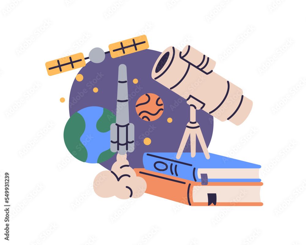 Poster astronomy concept. school subject, lesson about space. cosmos science, education. books, telescope f