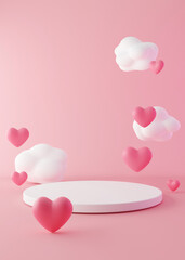 Podium with hearts and clouds flying in the air. Valentine's Day, Mother's Day, Wedding. Podium for product, cosmetic presentation. Mock up. Pedestal or platform for beauty products. 3D render. - obrazy, fototapety, plakaty