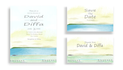 wedding invitation with scenery theme and watercolor elements