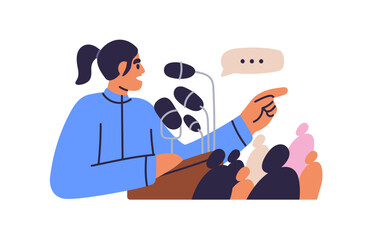 Public speaker behind podium with microphone. Woman orator speaking to audience, people. Leader talking, gesturing, standing at rostrum, pulpit. Flat vector illustration isolated on white background