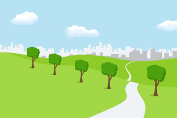 Landscape with a road to the city. Beautiful landscape illustration with trees, road and urban view. Nature scene with city and road. Urban design, cityscape vector illustration eps 10