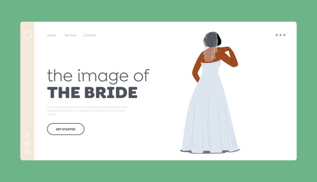 Bridal Image Landing Page Template. Black Stylish Bride in Elegant Dress and Veil Rear View. Beautiful African Female