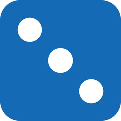 Dice graphic icons. Blue game dice cube with tree dots. Gambling object to play in casino, poker. Face of cube. Traditional die with numbers of 3 dots 