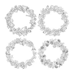 Set of floral wreaths for coloring