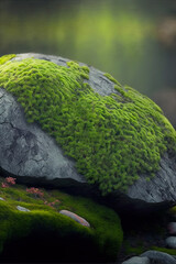Moss on a rock, green moss, grey rock, mossy rock, background, illustration, digital