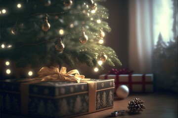 Christmas decorations. gift box and christmas tree.