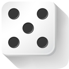 Realistic 3d game dice cube with five dots and shadow. Dice graphic icon. Gambling object to play in casino, poker. Face of cube. Traditional die with numbers of 5 dots