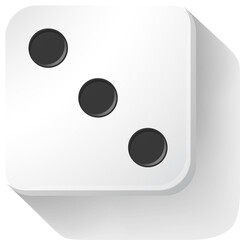 Realistic 3d game dice cube with tree dots and shadow. Dice graphic icon. Gambling object to play in casino, poker. Face of cube. Traditional die with numbers of 3 dots