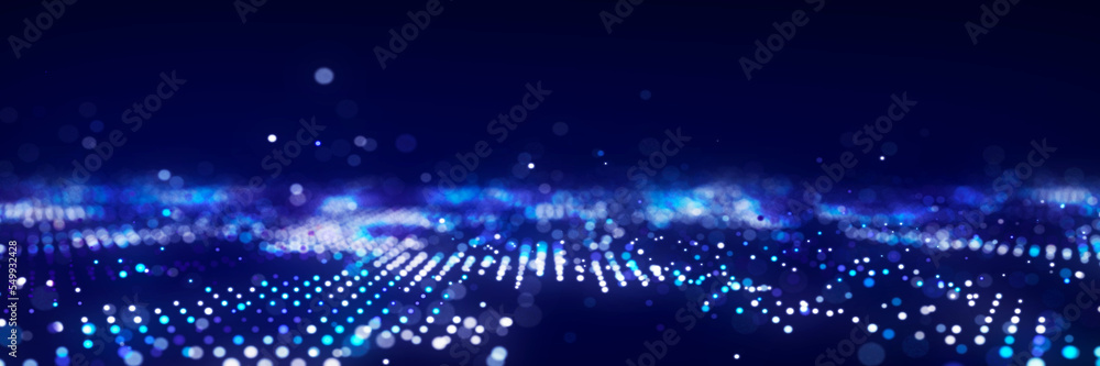 Poster Dynamic particle wave. Futuristic point wave. Flow digital structure. Data technology background. 3D rendering.