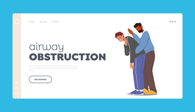 First Aid At Airway Obstruction Landing Page Template. Character Doing Heimlich Maneuver To Young Man With Suffocation